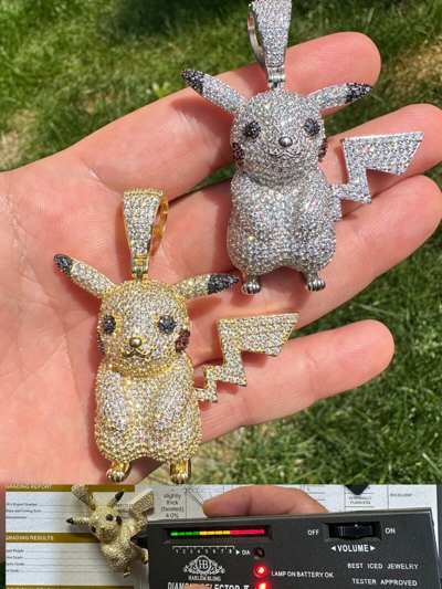 Pre-owned Harlembling Moissanite Real 925 Silver/gold Plated Iced Pickachu Pokemon Pendant Necklace In White