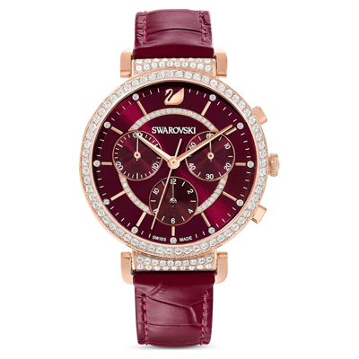 Pre-owned Swarovski Passage Chrono Watch Swiss Made, Leather Strap, Red, Rose Gold 5580345