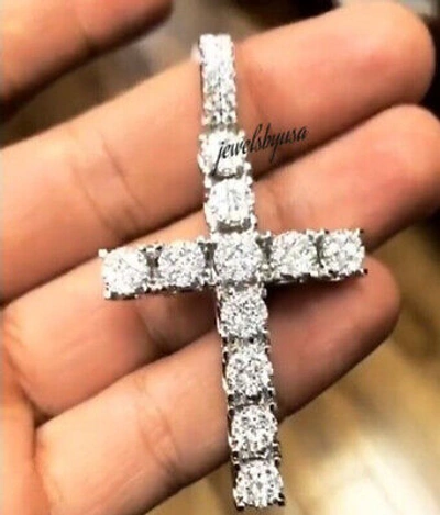 Pre-owned Nsg Real Moissanite Men's Floral Cross Pendant White Gold Plated Silver Free Rope