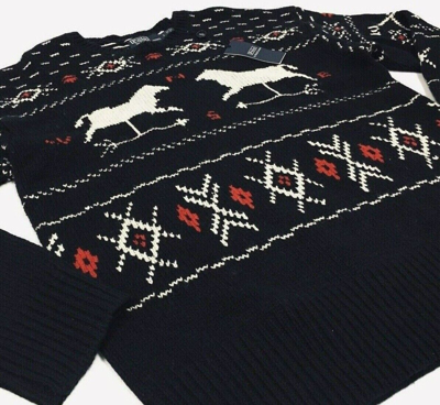 Pre-owned Polo Ralph Lauren Wool Fair Isle Twin Horse Chunky Thick Knit Sweater Ranch Barn In Blue