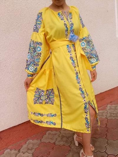 Pre-owned Handmade Ukrainian Embroidered Dress Vyshyvanka Size Xs S, M, L, Xl, Xxl Beautiful Gift In Yellow