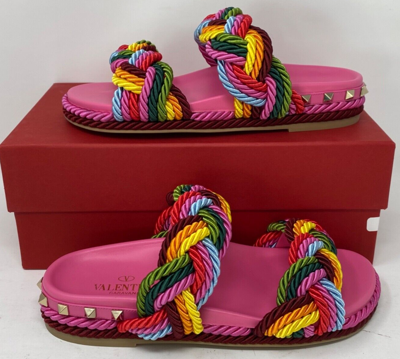 Pre-owned Valentino Garavani Torchon Rockstud Slide Sandals Espadrille $890 Size 36 Multi In Multicolor