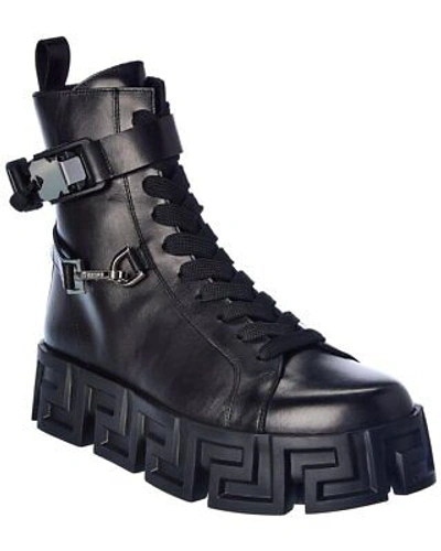 Pre-owned Versace Greca Labyrinth Leather Boot Men's Black 40