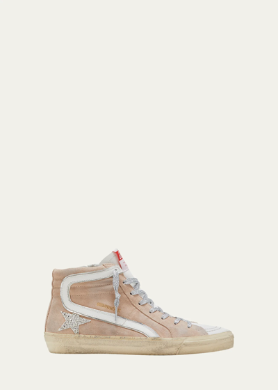 Pre-owned Golden Goose Slide Suede Glitter High-top Sneakers 4959 - Retail $715 In White