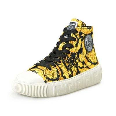 Pre-owned Versace Women's Barocco Print Canvas High Top Fashion Sneakers Shoes In Gold/black