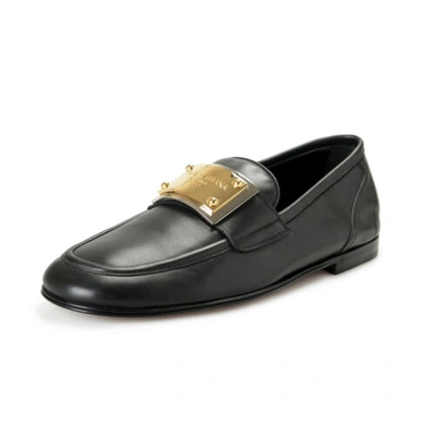 Pre-owned Dolce & Gabbana Men's "ariosto" Black Gold Metal Logo Slip On Loafers Shoes