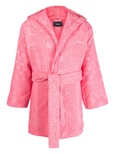 Versace Barocco-print Terry-cloth Robe In Pink
