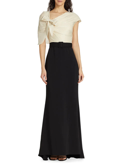 Pre-owned Badgley Mischka Bow-embellished Colorblocked Gown Sz 6 Black Modest Sleeve $990 In Black Ecru