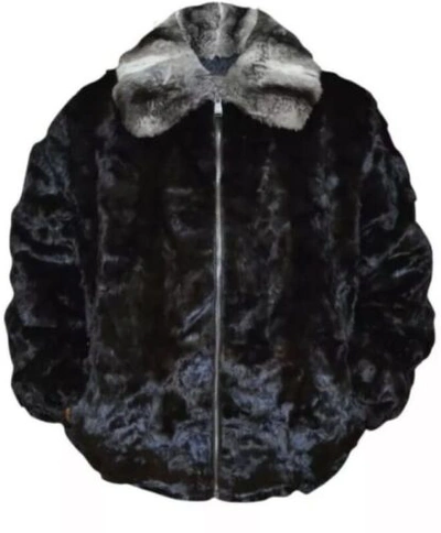 Pre-owned Handmade Man's Brown Real Mink Fur Bomber Jacket Coat All Sizes Rex Rabbit Fur Collar In Black Brown