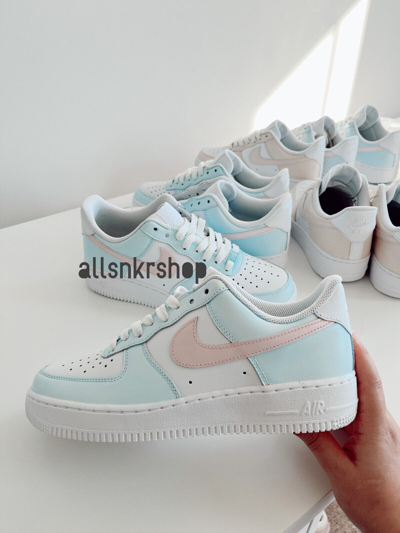 Pre-owned Off-white Custom Nike Air Force 1 Low Light Blue Pink Swoosh In Pink, Blue