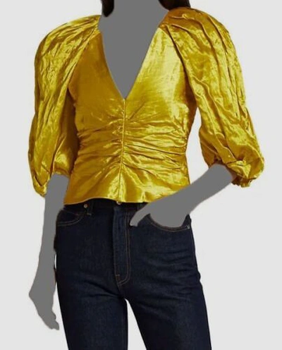 Pre-owned Ulla Johnson $795  Women's Yellow Vera Satin V-neck Puff Sleeve Ruched Top Size 8