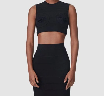 Pre-owned Herve Leger $1190  Women's Black Cropped Round Neck Molded Cup Blouse Top Size Xs