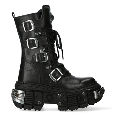 Pre-owned New Rock Rock Boots Wall1473-s11 Unisex Metallic Black Leather Platform Gothic Boots