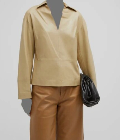 Pre-owned Vince $996  Women's Beige Leather Popover Long Sleeve Shirt Blouse Top Size Xxs