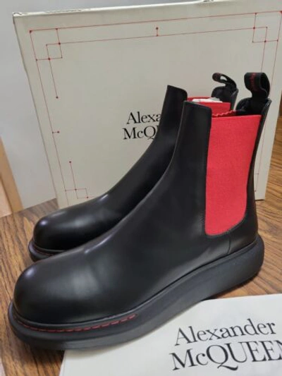 Pre-owned Alexander Mcqueen 43 / 10 Chelsea Boots Leather Black Red Gusset $650
