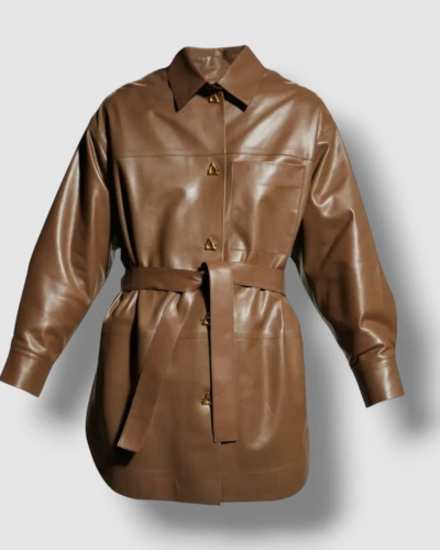 Pre-owned Aeron $1645  Women's Brown Hannah Belted Leather Shacket Coat Jacket Size M