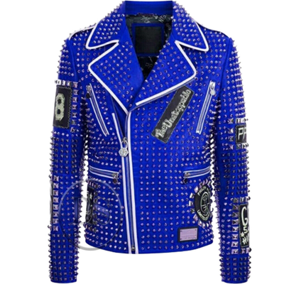 Pre-owned Handmade Men's Blue Color Silver Studded & Patches Genuine Leather Biker Jacket In Same As Shown In Picture