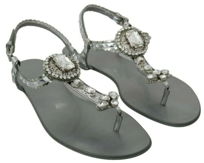 Pre-owned Dolce & Gabbana Dolce&gabbana Women Silver Strappy Sandals Polyester Crystals Casual Flips Flops