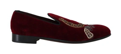 Pre-owned Dolce & Gabbana Dolce&gabbana Men Bordeaux Velvet Loafers Gun Horseshoe Shoes Slip On Flat Eu 39 In Red
