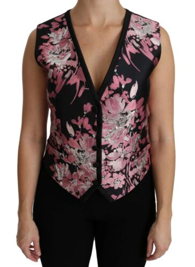 Pre-owned Dolce & Gabbana Dolce&gabbana Women Pink Black Waistcoat Polyester Floral Brocade Pattern Vest