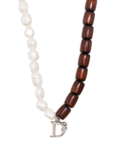 Dsquared2 Logo-charm Beaded Necklace In Naturale+bianco