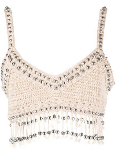 Rabanne Women's Beaded Fringe Cotton Crochet Crop Top In Shiny Beige