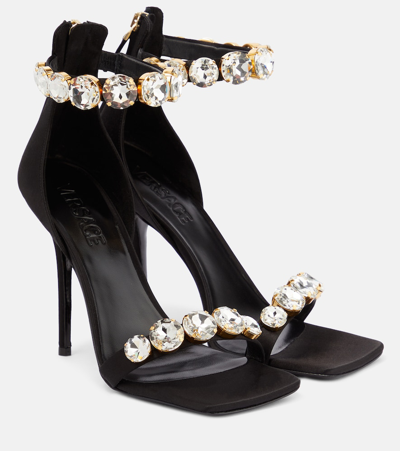 Versace Embellished Satin Sandals In Black