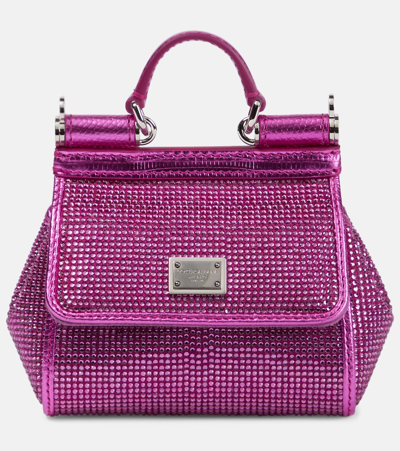 Dolce & Gabbana Sicily Mini Embellished Satin Shoulder Bag In Pink