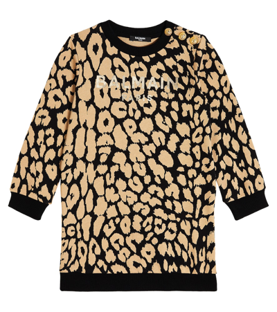 Balmain Kids' Logo Cotton Sweater Dress In Brown