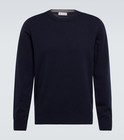 Brunello Cucinelli Wool & Cashmere Knit Crewneck Jumper In Blue