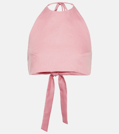 Asceno Marseilles Halterneck Linen Crop Top In Bubblegum