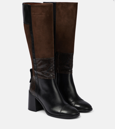 See By Chloé Patchwork Leather And Suede Knee-high Boots In Black