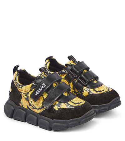 Versace Kids' Barocco Leather Sneakers In Black