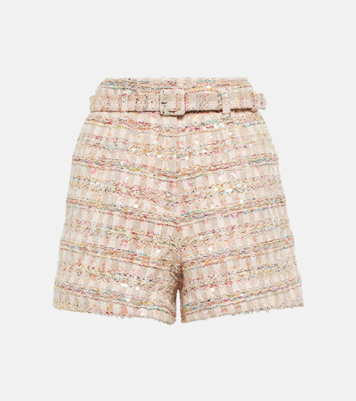 Self-portrait Pink Shorts With Matching Belt And Paillettes In Tweed Woman