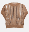 Brunello Cucinelli Short-sleeve Paillette Cotton-jute Open Knit Sweater In Brown