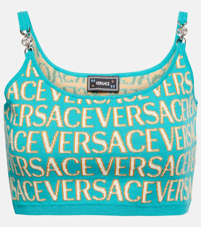 Versace Logo-print Cropped Cardigan In Turquoise