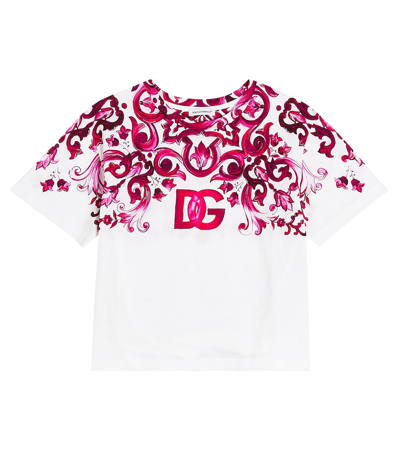Dolce & Gabbana Kids' Printed Cotton Jersey T-shirt W/logo In Fuchsia,white