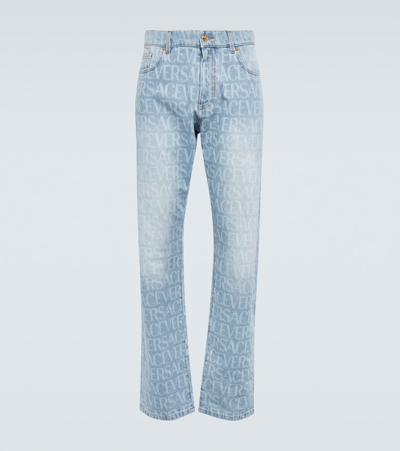 Versace Allover Mid-rise Straight Jeans In Blue