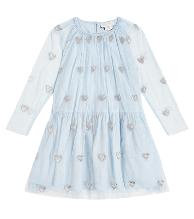 Stella Mccartney Kids' Girl's Tulle Overlay Glittery Hearts Dress In 602em Blue