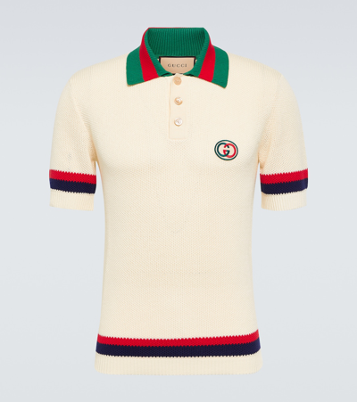 Gucci Knit Cotton Polo T-shirt With Web In Ivory