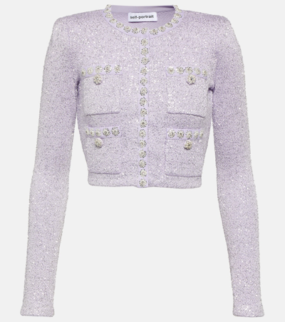 Self-portrait Cropped Crystal-embellished Metallic Knitted Cardigan In Purple