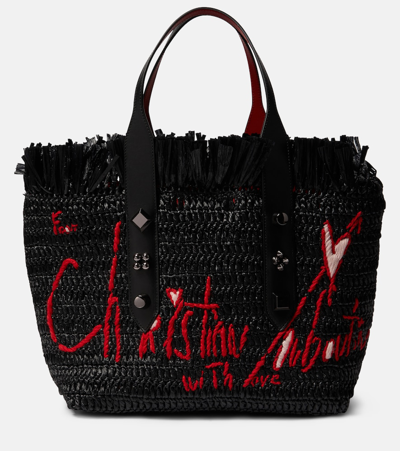 Christian Louboutin Frangibus Medium Embroidered Raffia Tote Bag In Black