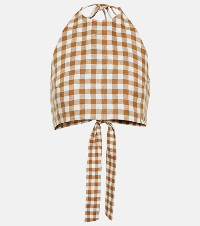 Asceno Marseilles Halterneck Check-linen Crop Top In Brown