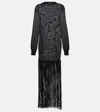 Khaite Paley Long-sleeve Fringe Backless Maxi Dress In Blue