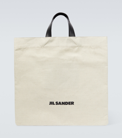 Jil Sander Large Leather-trimmed Logo-print Canvas Tote Bag In Neutrals