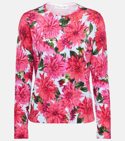 Oscar De La Renta Dahlia-print Cardigan In Fuchsia Blue