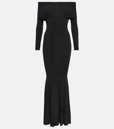 Self-portrait Off-the-shoulder Ribbed-knit Jersey Maxi Dress In Black