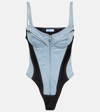 MUGLER PANELED DENIM BODYSUIT