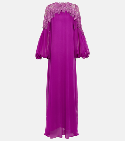 Oscar De La Renta Lace-trimmed Silk Crêpe Gown In Purple