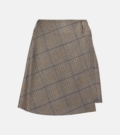 Brunello Cucinelli Checked Wool And Cotton Miniskirt In Brown